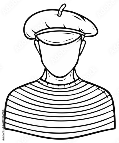 Black and white line art illustration of a faceless person in a beret and striped shirt