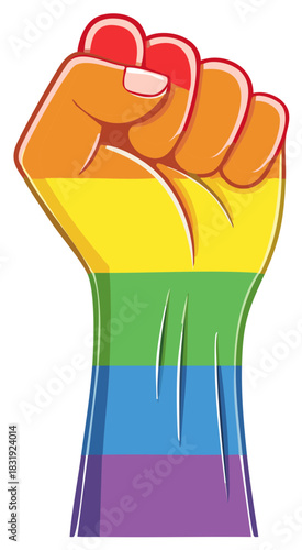 Rainbow colored fist raised in solidarity, illustration of pride symbol