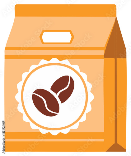 Vector graphic of a stand up coffee bag in flat design style featuring two roasted coffee beans on a circular label