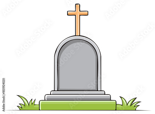 Cartoon Tombstone with Cross and Grass Illustration Graphic Grave Marker Design