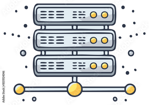 Illustrated stack of data servers with network connection points depicting technology and information flow