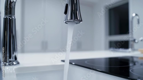 Close-up of a modern chrome faucet with flowing water in a white kitchen