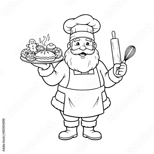 Santa Claus Chef Outline Vector. Isolated Christmas Baking and Cooking Coloring Page Graphic.
