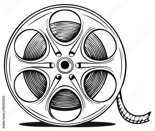 Vintage film reel illustration. Old movie cinema equipment. Vector graphic.