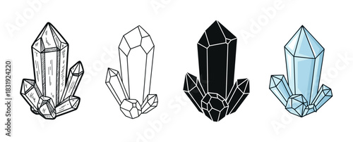Set of four crystal cluster illustrations in different graphic styles including line art, outline, silhouette, and colored versions,