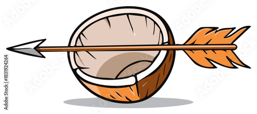 Cartoon arrow striking a halved coconut fruit with a wooden shaft and feathered fletching