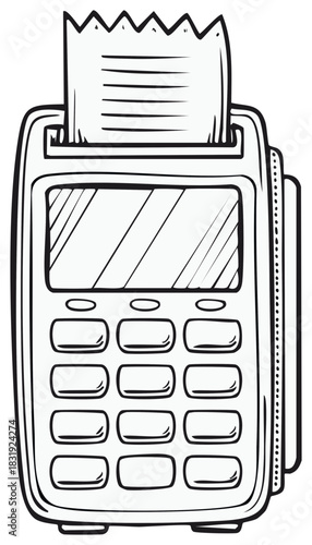 Hand drawn black and white illustration of a receipt printing payment terminal with a keypad and screen