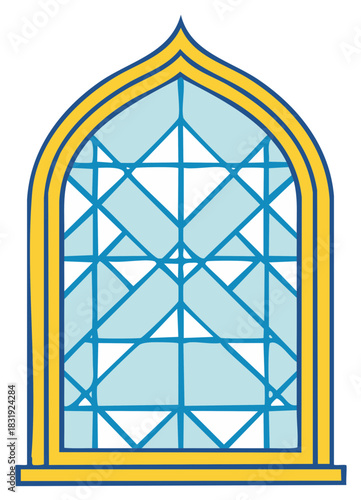 Hand drawn illustration of an ornate arched window with a blue geometric glass pattern