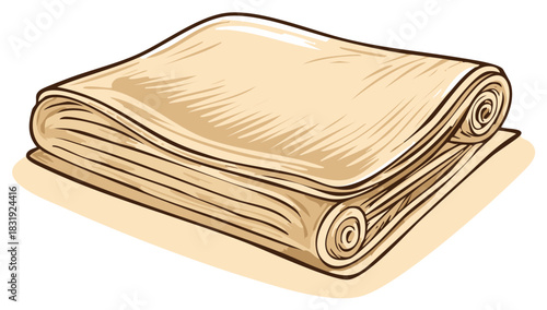 Folded Stack of Craft Paper Sheets or Textile Fabric with Rolled Edges and Visible Layers