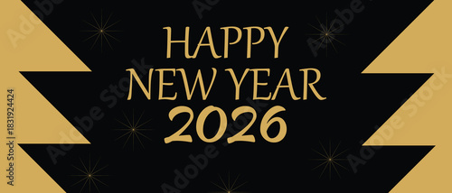 Happy New Year 2026 gold text effect firework star confetti Background for website banner, social media banner, greeting card, posters, covers, business and marketing material.
