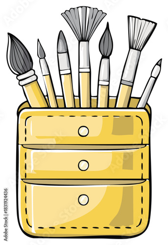 Makeup brushes set in a yellow container, beauty and cosmetic tools