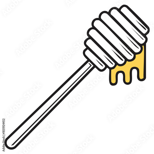 Black outlined cartoon honey dipper dripping sweet golden honey illustration