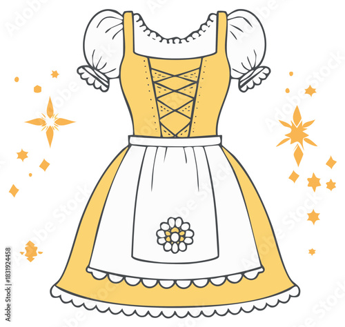 Traditional yellow dirndl dress illustration with white apron puffy sleeves and decorative flower sparkling