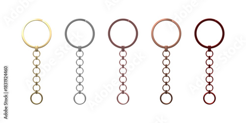 Golden, silver and bronze keychain vector set, 3D realistic metal keychain with straight chain and ring, keyholder
