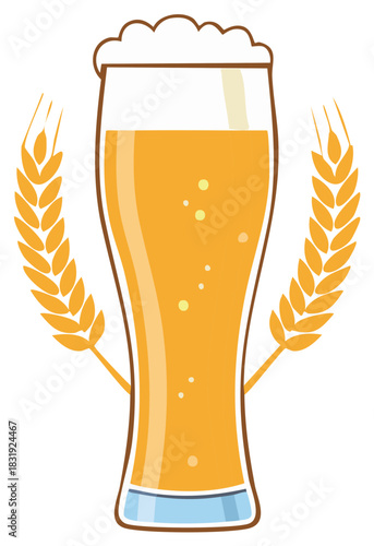 Frothy beer in tall glass with wheat stalks, refreshing alcoholic drink icon, golden lager ale served in vector illustration