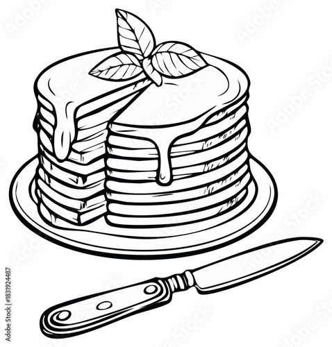 Outline illustration of stacked pancakes with syrup and garnish on a plate next to a butter knife