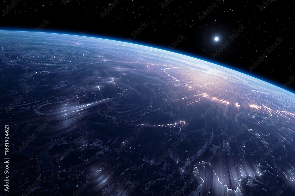 Fototapeta premium Majestic earth from space illuminated by city lights and distant stars under a dark sky