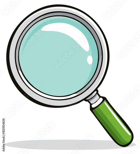 A classic cartoon magnifying glass with a green handle for search investigation and discovery concepts