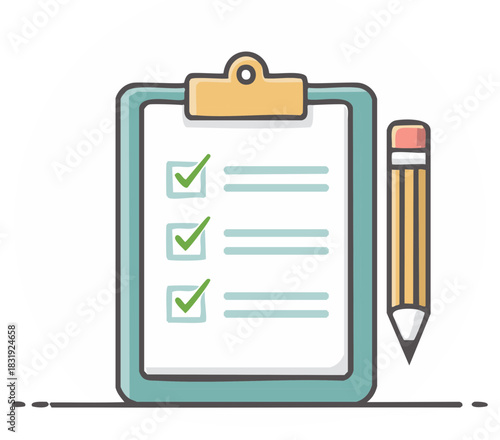 Clipboard checklist with green checkmarks and pencil for task completion