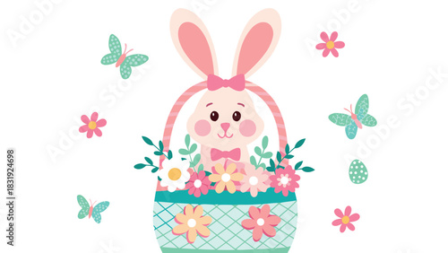 Cute cartoon easter bunny peeking out of a basket filled with colorful flowers and surrounded by butterflies and easter eggs on a white background