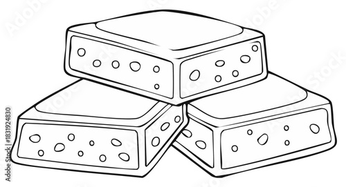 Line Art of Three Stacked Brownie Squares Delicious Confection Coloring Page