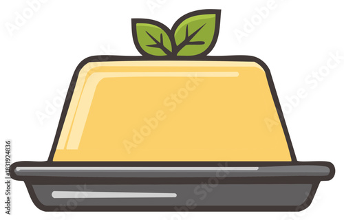 Simple cartoon illustration of a yellow custard pudding dessert topped with two green mint leaves served in a dark grey dish