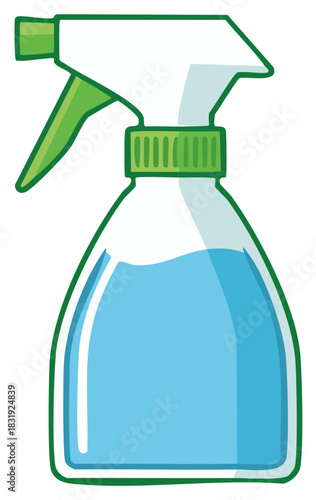 Cartoon style spray bottle with green trigger and transparent body filled with blue liquid