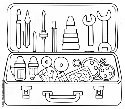 Toolbox with tools line art illustration. Hand tools, screwdrivers, wrenches, measuring cups and reels in an opened case.