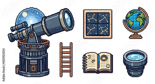 Set of pixel art astronomy icons including a telescope, globe, star chart, and book, rendered in a retro 8-bit video game style and