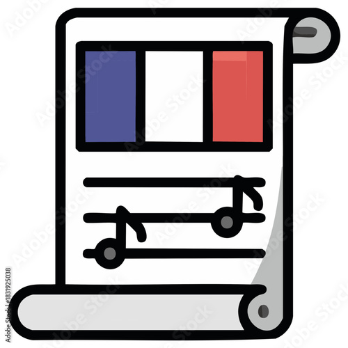 Stylized scroll with French flag and musical notation, symbolizing a national anthem or patriotic song