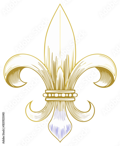 Elegant golden Fleur de lis symbol with intricate engraved heraldic design