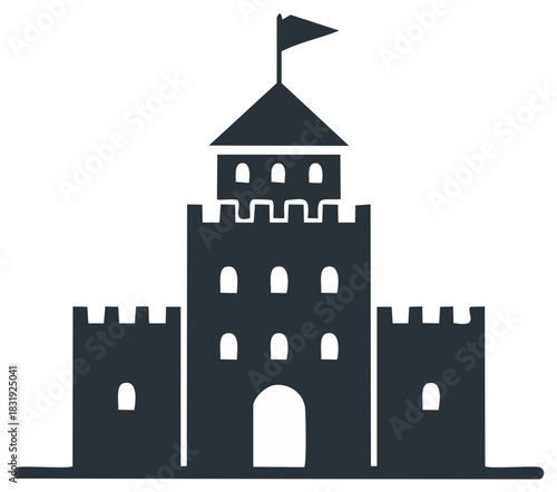 Classic Medieval Castle Vector Icon Featuring Tall Central Tower Flag and Fortifications