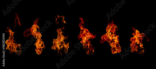 Dynamic isolated fire flames on a black background, showcasing vivid orange and red textures ideal for energy, heat, danger, and dramatic visual effects in creative design projects.