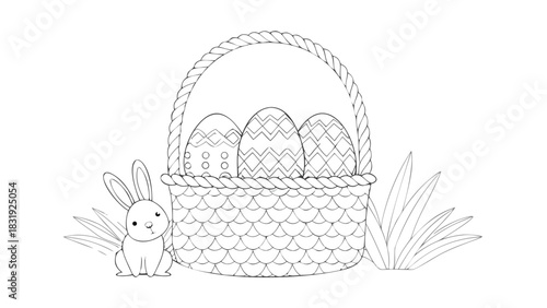 A charming black and white line art illustration featuring a cute bunny sitting next to a woven easter basket filled with decorated eggs and surrounded by grass