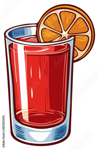 Red cocktail with orange slice in a clear shot glass, illustrative style