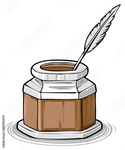 Feather quill in a brown inkwell on a white background illustration