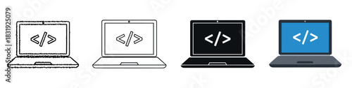 Laptop computer icons with a code symbol in doodle, line, glyph, and flat styles representing programming and web development,
