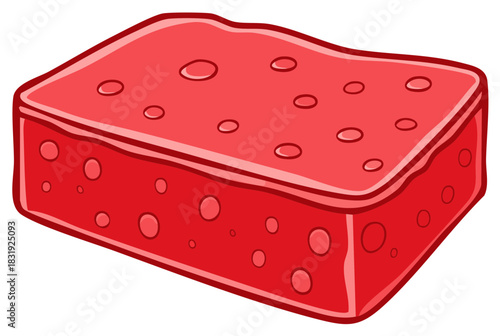 Vibrant red rectangular block with circular pores cartoon illustration resembling a sponge or cheese