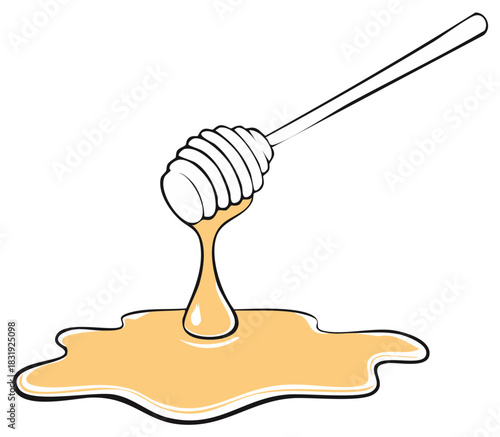 Honey drizzles from a dipper onto a surface, highlighting the sweet, golden liquid and the kitchen utensil.