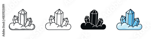 Set of crystal mineral geode vector icons in doodle, line art, silhouette, and cartoon styles, showing a cluster of faceted gemstones growing from a rock base, isolated on white