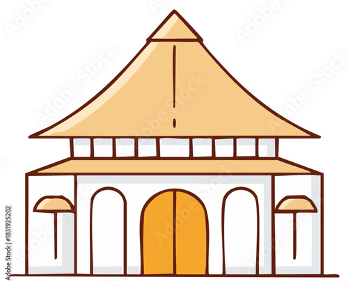 Cute Hand Drawn Illustration of a Traditional Asian Building or Temple with a Pyramid Roof