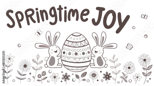 Cute cartoon bunnies with a decorated easter egg and blooming flowers celebrating springtime joy with butterflies fluttering around