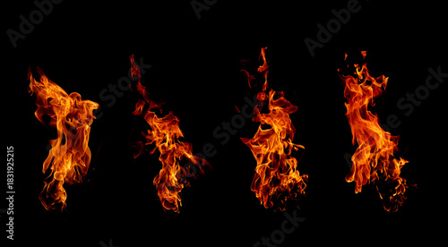 Dynamic isolated fire flames on a black background, showcasing vivid orange and red textures ideal for energy, heat, danger, and dramatic visual effects in creative design projects.