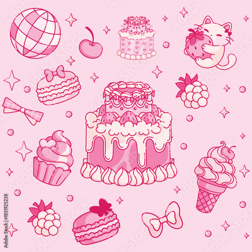 A cute pink dessert-themed illustration set featuring cakes, cupcakes, ice cream, berries, bows, stars, and a kawaii cat holding a strawberry. Perfect for kawaii designs, bakery branding, stickers, pa
