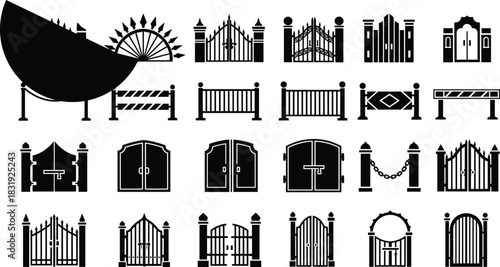 Black gate and fence silhouette icons, decorative iron gates, vintage fences, architectural elements, urban design, landscaping, security, vector illustration