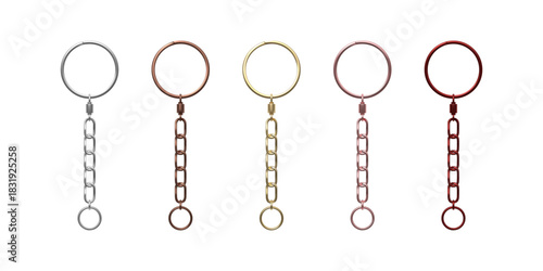 A set of metal keychain blanks in various shapes and alloys, silver, gold, copper, and bronze.
