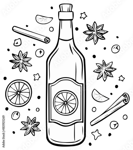 Bottle and Ingredients Illustration for Mulled Wine Recipe or Christmas Season