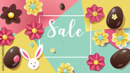 Easter sale announcement with chocolate eggs flowers and bunny illustration on a colorful geometric background