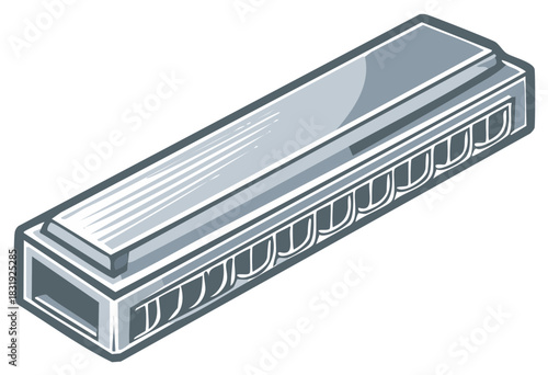 Detailed vector illustration of a classic silver harmonica, a traditional musical instrument