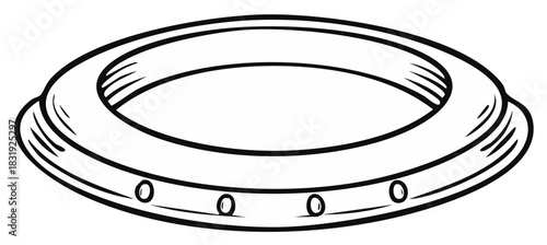 Simple line drawing of a circular object with four circular accents on its side